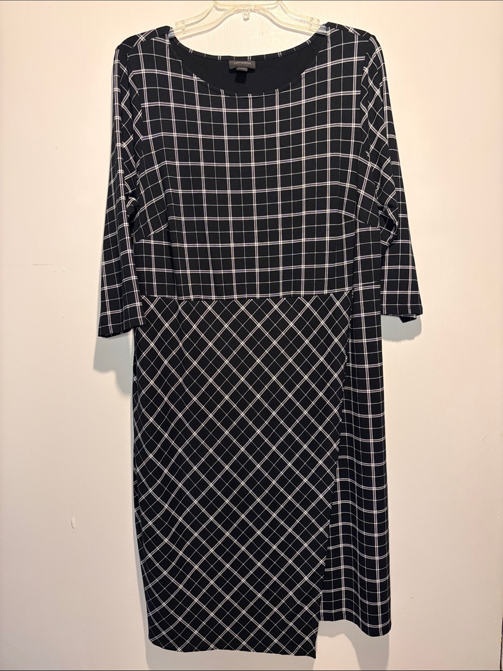 J.Jill Wearever Collection Black White Plaid Pattern Dress Sleeves Knit SZ 1X